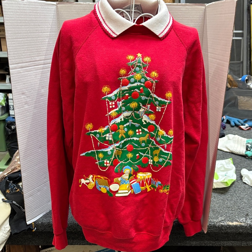 Vintage Morning Sun Red Christmas Tree Sweater